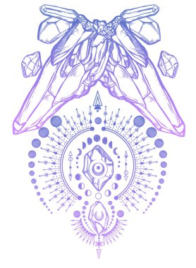 Vektör illüstrasyonu, sihirli astroloji ve kristaller, simya, maneviyat ve okültizm, el yapımı, sihirli sembol, dövme, tişört üzerindeki baskı.