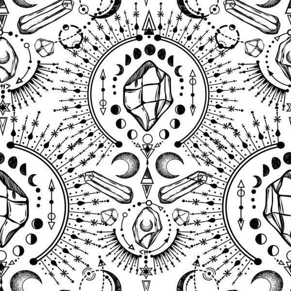 Векторная иллюстрация, магическая астрология и кристаллы, алхимия, духовность и оккультизм, магический символ, ручная работа, печать на футболке, светлый фон, бесшовный узор