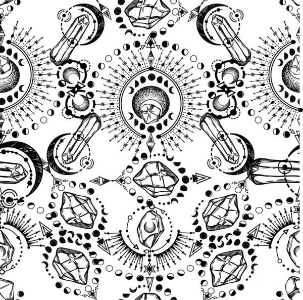 Vector illustration, magical astrology and crystals, Alchemy, spirituality and occultism, magic symbol, light  background, seamless pattern, print, Handmade