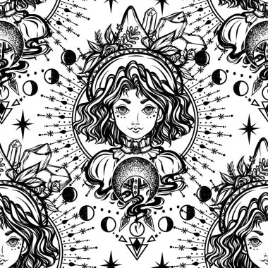 Vektör illüstrasyon, cadı, sihirli astroloji ve kristaller, falcı, maneviyat ve okültizm, baskı, ışık arkaplan, kusursuz desen, el yapımı