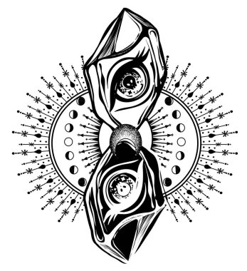 Vektör çizimi, kristaldeki sihirli göz, maneviyat ve okültizm, tişört, dövme, el yapımı.