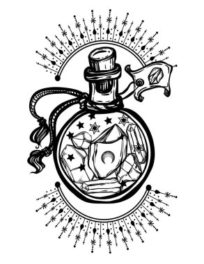 Vektör illüstrasyon, şişedeki sihirli kristaller, maneviyat ve okültizm, tişört üzerindeki baskı, dövme, el yapımı