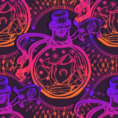 Vektör illüstrasyonu, şişedeki sihirli kristaller, maneviyat ve okültizm, baskı, el yapımı, koyu arkaplan, kusursuz desen