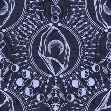 Vektör illüstrasyonu, sihirli astroloji ve kristaller, simya, maneviyat ve okültizm, sihirli sembol, baskı, koyu arkaplan, kusursuz desen, el yapımı