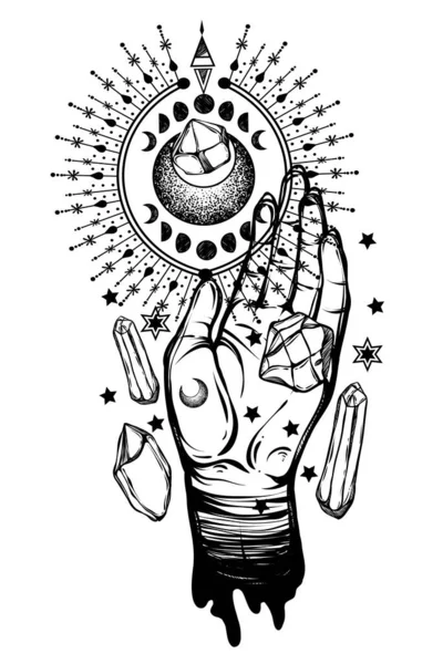 Ilustração Vetorial Astrologia Mágica Cristais Símbolos Místicos Mão Impressão Shirt — Vetor de Stock