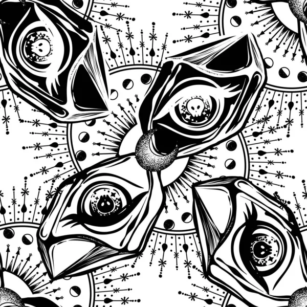 Vector illustration, magic eye in the crystal, spirituality and occultism, Handmade, print, light  background, seamless pattern