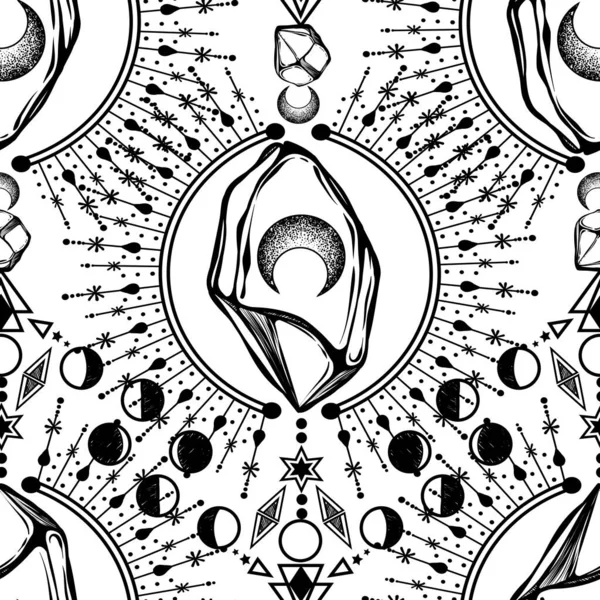 Vector illustration, magical astrology and crystals, Alchemy, spirituality and occultism, magic symbol, print, light  background, seamless pattern, Handmade
