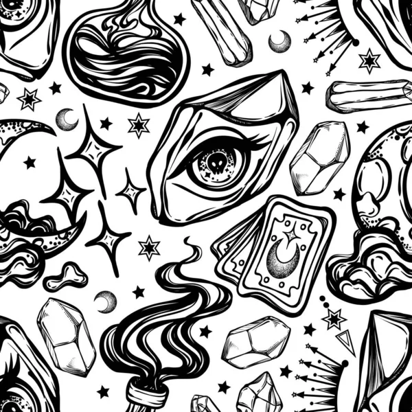 Vector illustration, magic eye in the crystal, Alchemy, spirituality and occultism, print, Handmade, light  background, seamless pattern