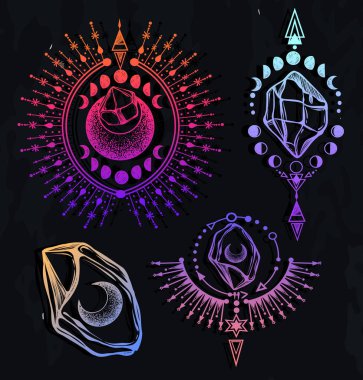 Vektör çizimi, set, sihirli astroloji ve kristaller, maneviyat ve okültizm, sihirli sembol, el yapımı, baskı, arka plan karatahta