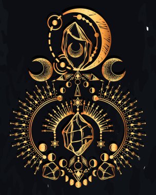 Vektör illüstrasyonu, sihirli astroloji ve kristaller, simya, maneviyat ve okültizm, sihirli sembol, el yapımı, baskı, arka plan karatahta