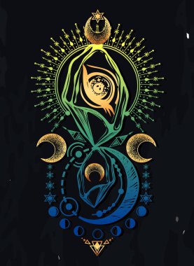 Vektör illüstrasyonu, kristaldeki sihirli göz, maneviyat ve okültizm, el yapımı, baskı, arka plan tahtası