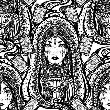 Vektör illüstrasyonu, elinde tarot kartları olan falcı, maneviyat ve okültizm, el yapımı, baskı, aydınlık arkaplan, kusursuz desen