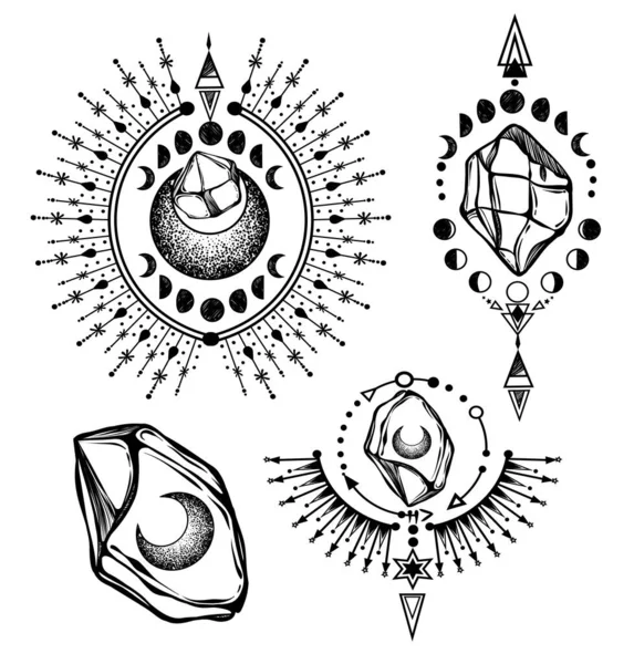 Vektor Illusztráció Készlet Mágikus Asztrológia Kristályok Spiritualitás Okkultizmus Mágikus Szimbólum — Stock Vector