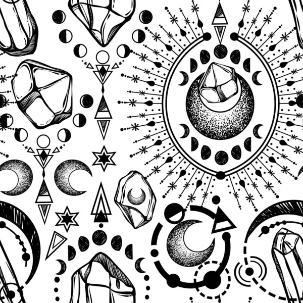 Vector illustration, set, magical astrology and crystals, spirituality and occultism, magic symbol, Handmade, print, light  background, seamless pattern