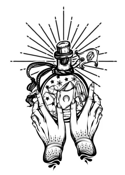 病媒图解 瓶子中的魔法水晶 灵修和神秘主义 手工制作 印在T恤衫上 — 图库矢量图片