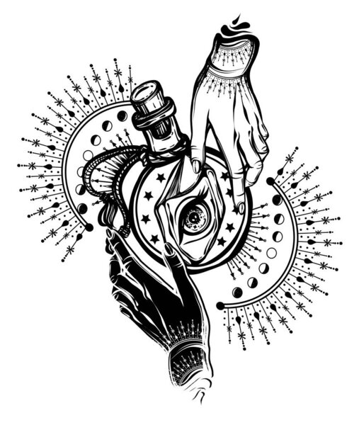 Векторная иллюстрация, магические кристаллы в бутылке, духовность и оккультизм, ручная работа, татуировка, отпечаток на футболке