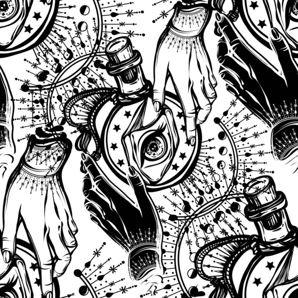 Vector illustration, magic crystals in bottle, spirituality and occultism, Handmade, print, light  background, seamless pattern