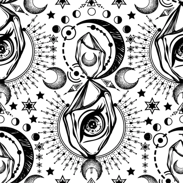 Vector illustration, magic eye in the crystal, spirituality and occultism, Handmade, print, light  background, seamless pattern
