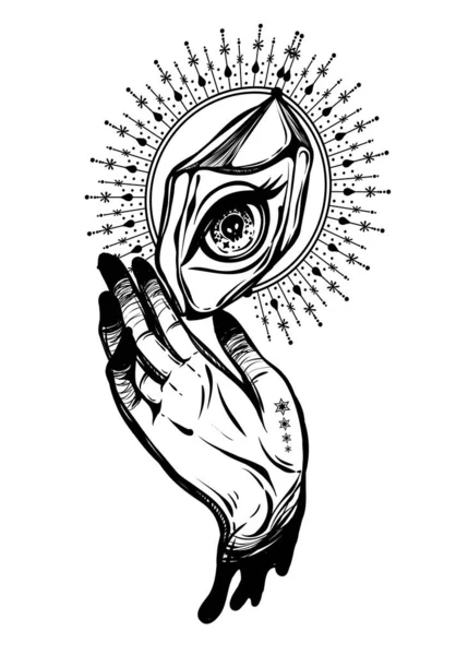 Ilustração Vetorial Olho Mágico Cristal Mão Mística Espiritualidade Ocultismo Feito — Vetor de Stock
