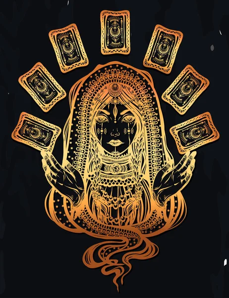 Vektorillustration Wahrsagerin Mit Tarotkarten Der Hand Spiritualität Und Okkultismus Handarbeit — Stockvektor