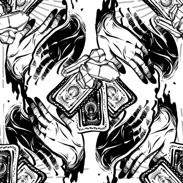 ベクトルイラスト 魔法の結晶 手札のタロットカード 精神性とオカルト 手作り 光の背景 シームレスなパターン — ストックベクタ