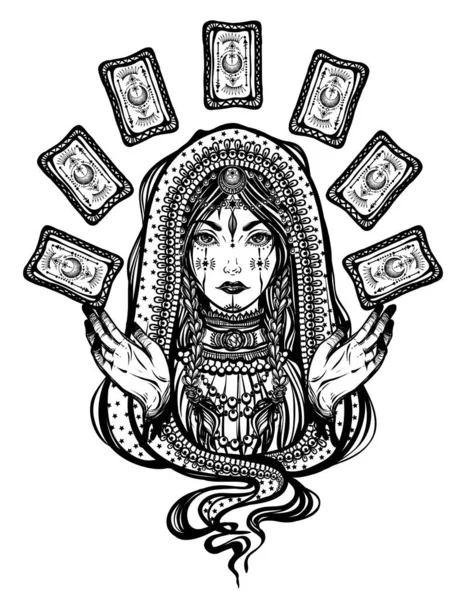 Vektorillustration Wahrsagerin Mit Tarotkarten Der Hand Spiritualität Und Okkultismus Handgemacht lizenzfreie Stockvektoren