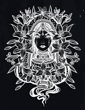 Vektör illüstrasyonu, zambaklı doğu kızı, gizemli, büyülü, el yapımı, baskı, arka plan karatahta