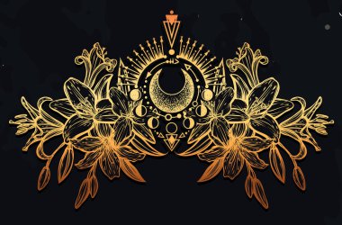 Botanik vektör illüstrasyonu, yaz çiçekleri, çiçek buketi, çizgi sanatı stili, sihirli astroloji, romantik dekorasyon, arka plan tahtası, el yapımı.