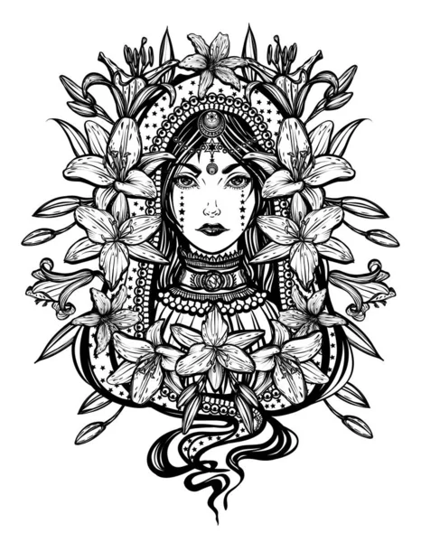 Vector Illustration Eastern Girl Lilies Mysterious Magical Handmade Tattoo Print — Stock Vector
