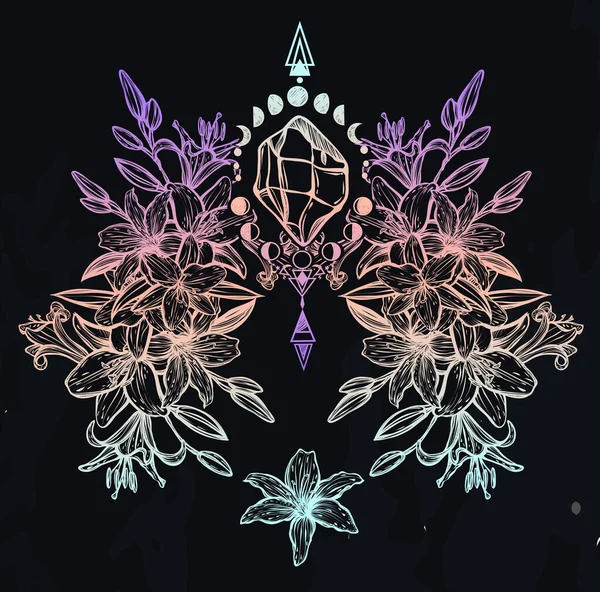Ботаническая Векторная Иллюстрация Летние Цветы Лилии Букет Цветов Линейный Стиль — стоковый вектор