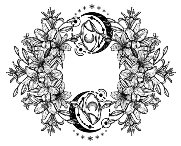 Ботаническая Векторная Иллюстрация Летние Цветы Лилии Букет Цветов Стиль Линии — стоковый вектор