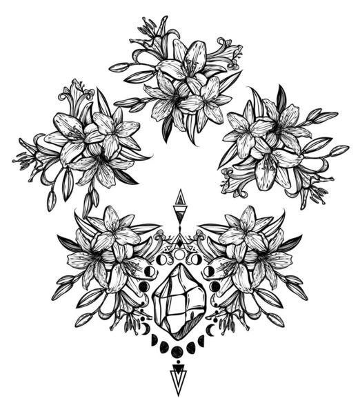 Ilustración Vector Botánico Flores Lilium Verano Ramo Flores Estilo Arte — Archivo Imágenes Vectoriales