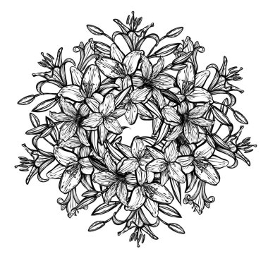 Botanik vektör illüstrasyonu, yaz mevsimi çiçekleri, çiçek buketi, çizgi sanatı, romantik dekorasyon, tişört baskısı, dövme, el yapımı.