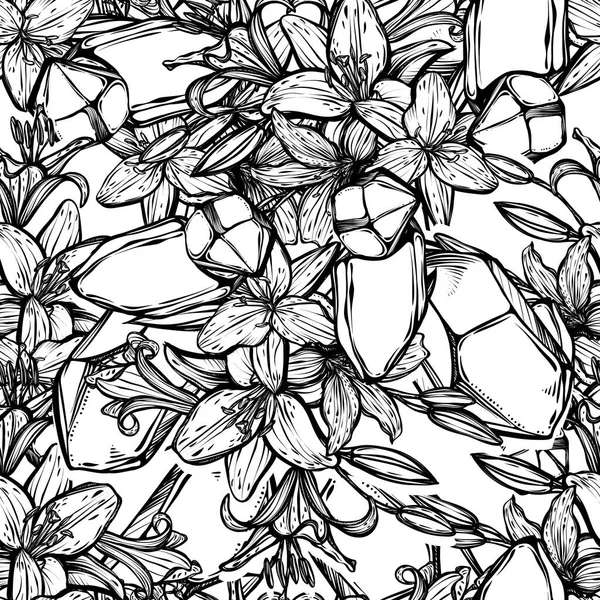 Botanische Vektorillustration Sommer Lilium Blumen Blumenstrauß Linie Kunststil Kristalle Romantische — Stockvektor