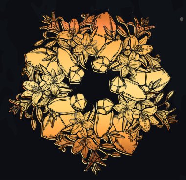 Botanik vektör illüstrasyonu, yaz mevsimi çiçekleri, çiçek buketi, çizgi sanat tarzı, kristaller, romantik dekorasyon, el yapımı, tişört baskısı, arka plan karatahta