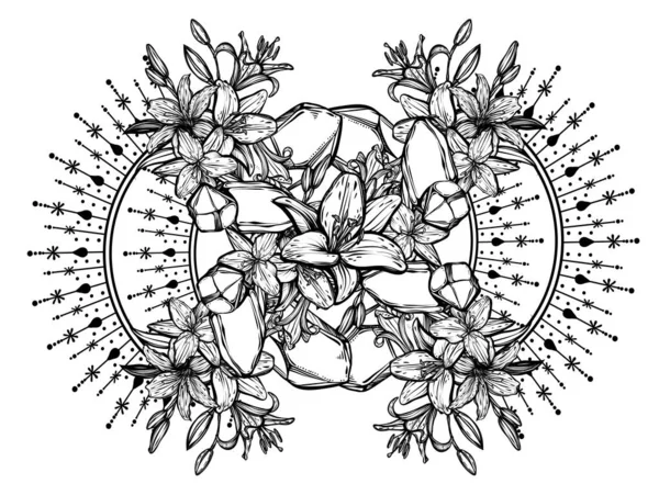 Botanical Vector Illustration Summer Lilium Flowers Bouquet Flowers Crystals Line — Stock Vector