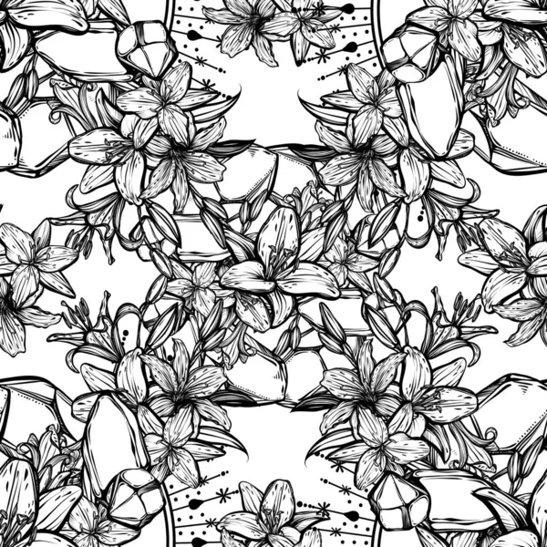 Botanische Vektorillustration Sommer Lilium Blumen Blumenstrauß Kristalle Romantische Dekoration Linienkunst — Stockvektor