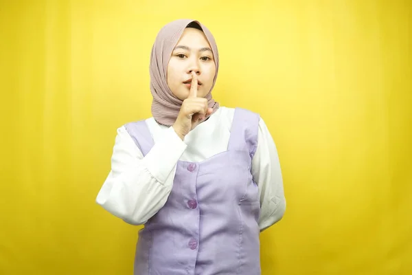 Beautiful Asian Young Muslim Woman Finger Mouth Telling Quiet Don — Stock Photo, Image