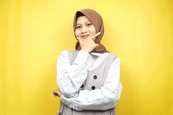 Beautiful Young Asian Muslim Woman Smiling Confident Enthusiastic Cheerful Hands — Stock Photo, Image