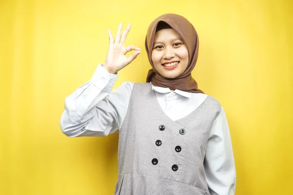 Beautiful Young Asian Muslim Woman Smiling Confident Enthusiastic Cheerful Hands — Stock Photo, Image