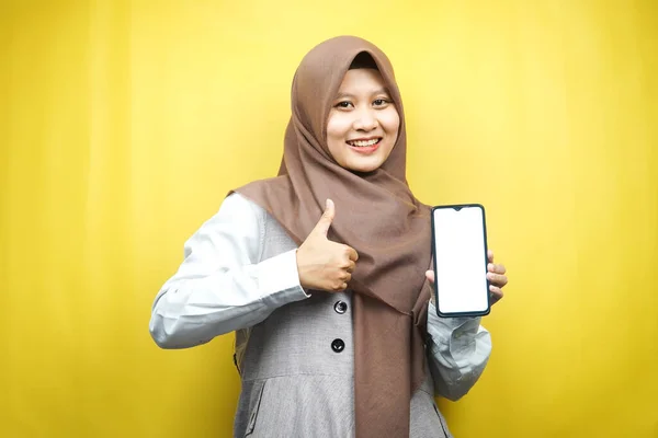 Beautiful Young Asian Muslim Woman Smiling Confident Enthusiastic Cheerful Hand — Stock Photo, Image