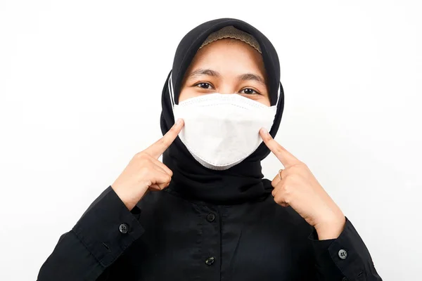 Närbild Vackra Unga Muslimska Kvinna Bär Vit Mask Hand Pekar — Stockfoto