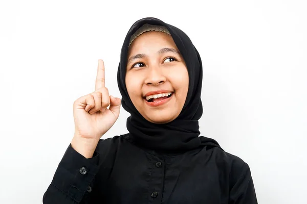 Closeup Beautiful Young Muslim Woman Pointing Isolated — Stock Photo, Image