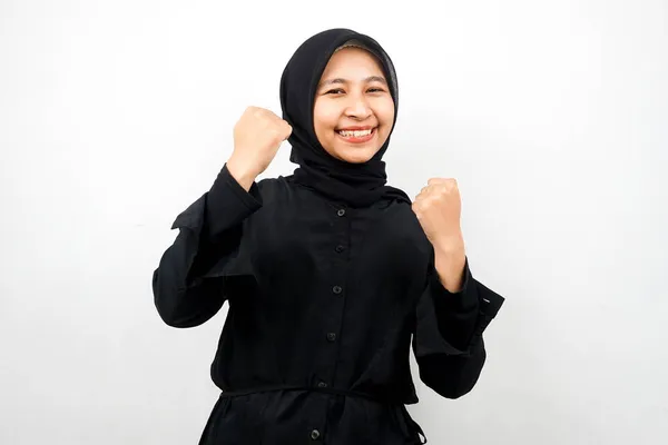 Güzel Asyalı Genç Müslüman Kadın Kendinden Emin Coşkulu Neşeli Elleri — Stok fotoğraf