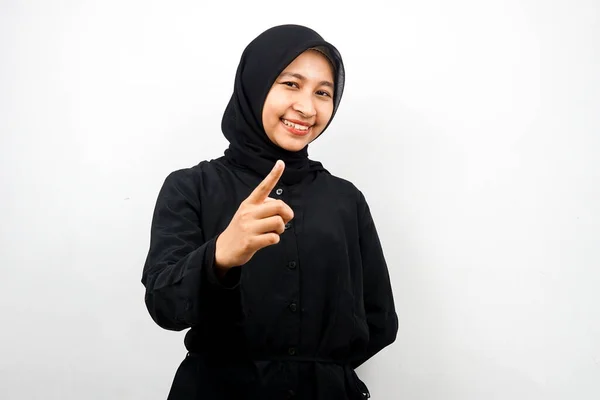 Güzel Asyalı Genç Müslüman Kadın Kendinden Emin Neşeli Gülümsüyor Elleri — Stok fotoğraf