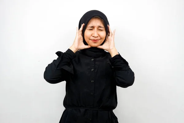 Linda Jovem Asiático Muçulmano Mulher Chocado Tonto Estressado Infeliz Muitos — Fotografia de Stock