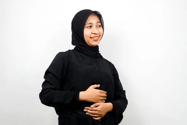 Wanita Muslim Asia Muda Yang Cantik Tersenyum Riang Dengan Tangan — Stok Foto