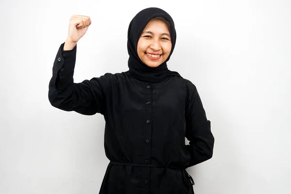 Όμορφη Ασιατική Νεαρή Μουσουλμάνα Γυναίκα Υπερυψωμένους Μυς Δύναμη Σημάδι Χέρια — Φωτογραφία Αρχείου