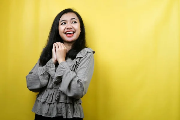 Beautiful Young Woman Looking Empty Space Presenting Something Promoting Products — Stock Photo, Image