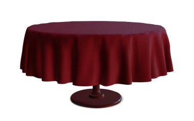 Wood round table with red cloth isolated on white background. Vector classic table with realistic cloth.